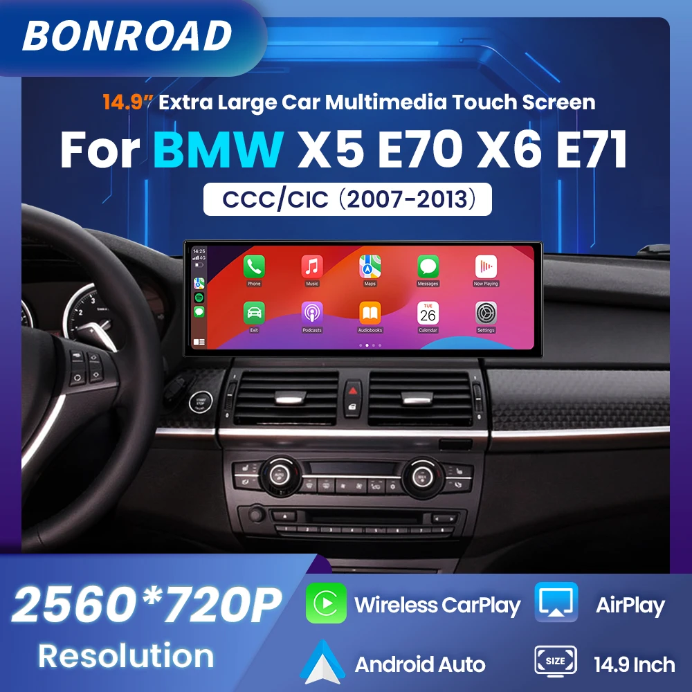 BONROAD 14.9" 2560*720P Autoradio sans fil CarPlay Lecteur multimédia Écran tactile pour BMW X5 E70 X6 E71 2007-2013 Système CCC CIC Android Auto Bluetooth 5.0 Navigation GPS Affichage sur tableau de bord