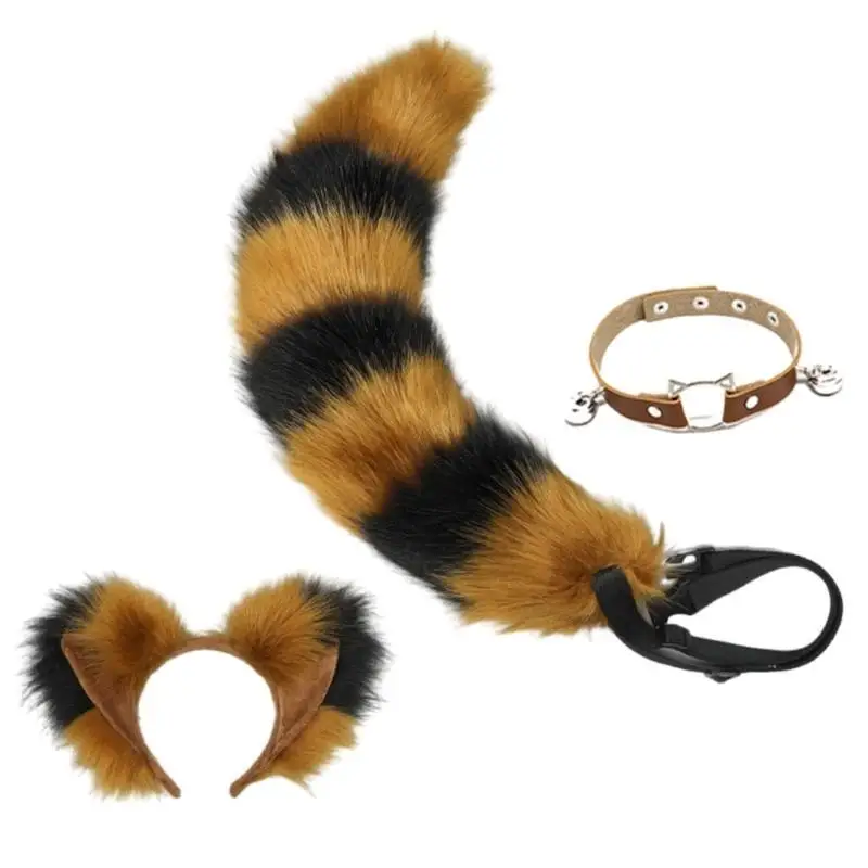 39BD Coda animale Orecchie volpe Fascia per capelli Campane Collare Collana Coda volpe Cintura regolabile Accessori per
