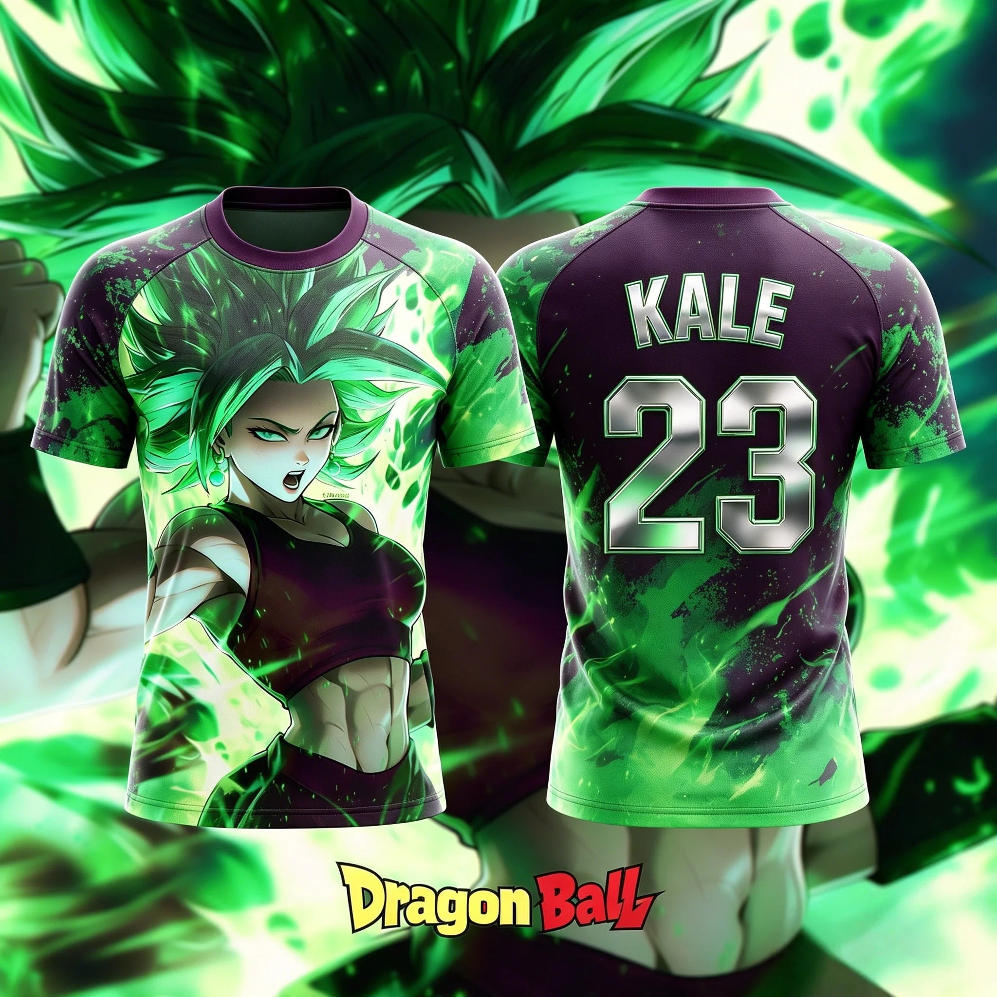 Dragon Ball Super Kale No23 Purple Green Flame Splash Print Men Soccer Jersey Quick Dry Anime Fan Breathable Sports T-Shirt