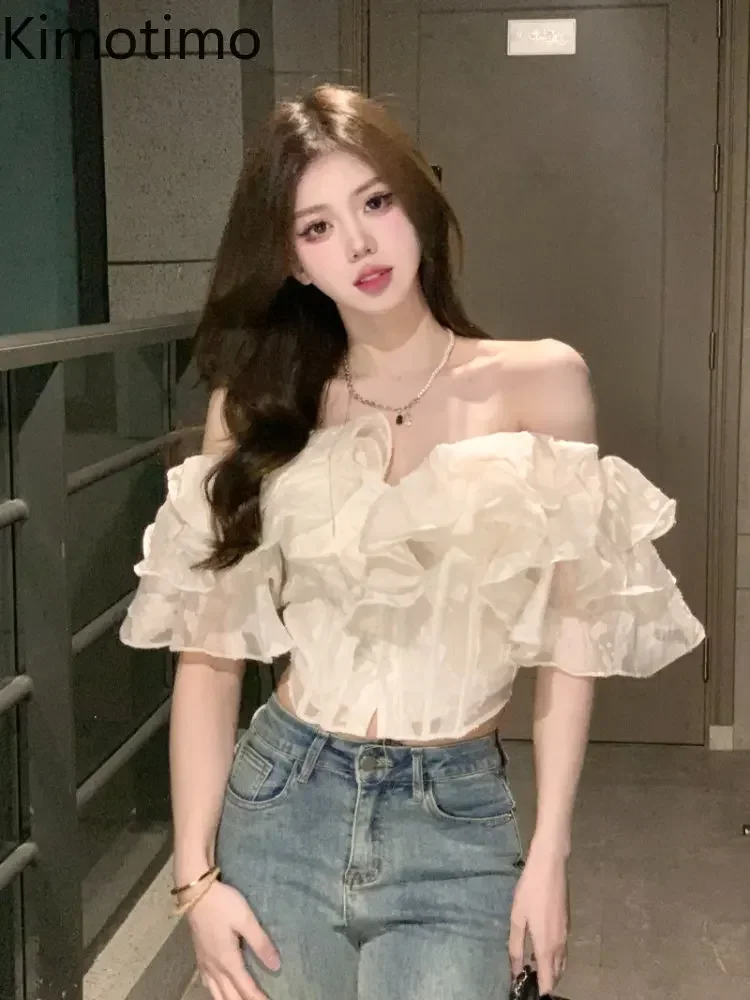 Kimotimo Ruffled One Shoulder Chiffon Blouse Women Summer Short Sleeve Slim Thin Y2k Crop Tops French Style Folds Fishbone Shirt