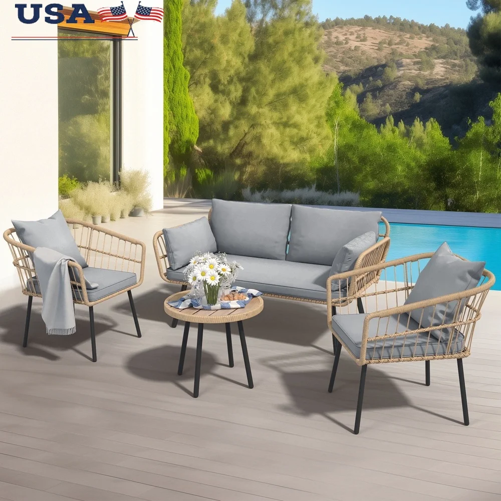 

Набор плетеной мебели для патио из 4 предметов, всепогодные стулья из ротанга на двух сидений, журнальный столик, задний двор, балкон, терраса, у бассейн