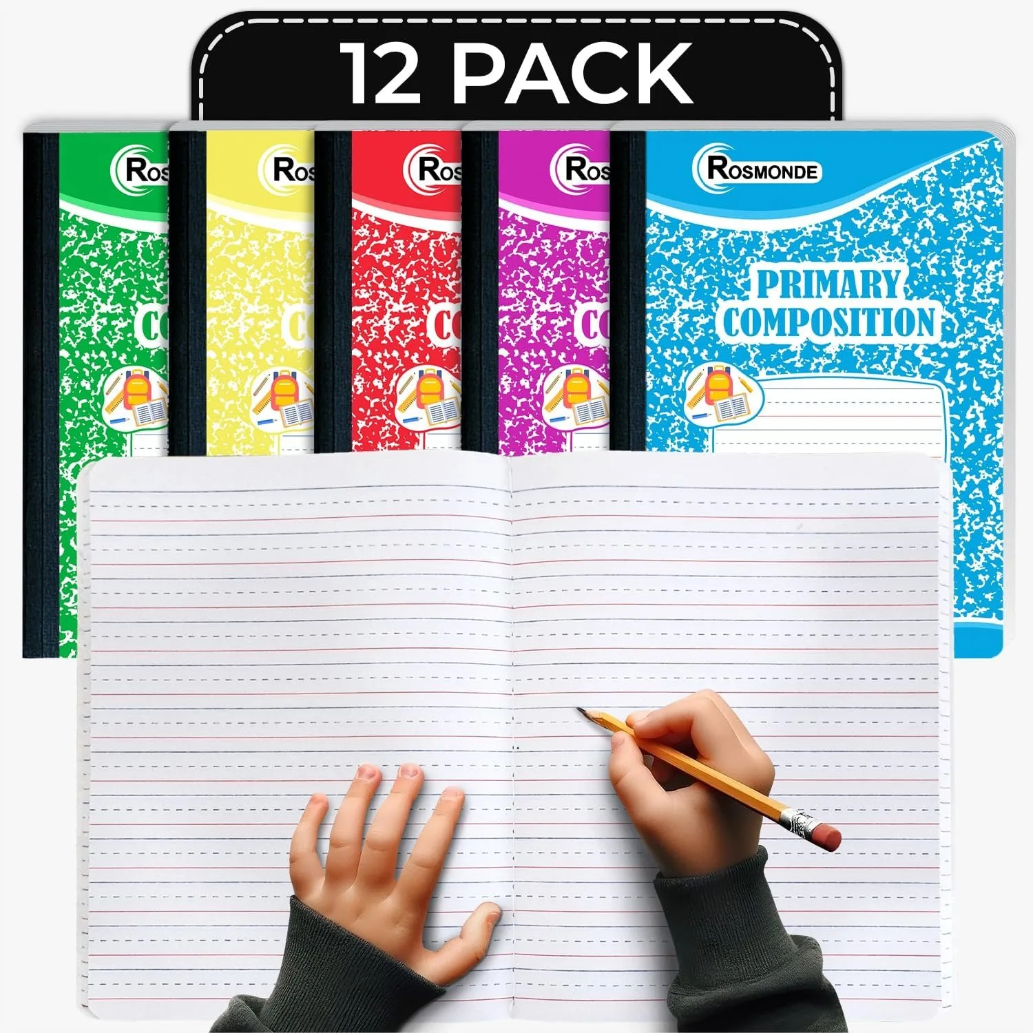 

12 Pack Primary Composition Notebooks for Kids Grades K-2 with Dotted Lined Paper and Sewn Binding