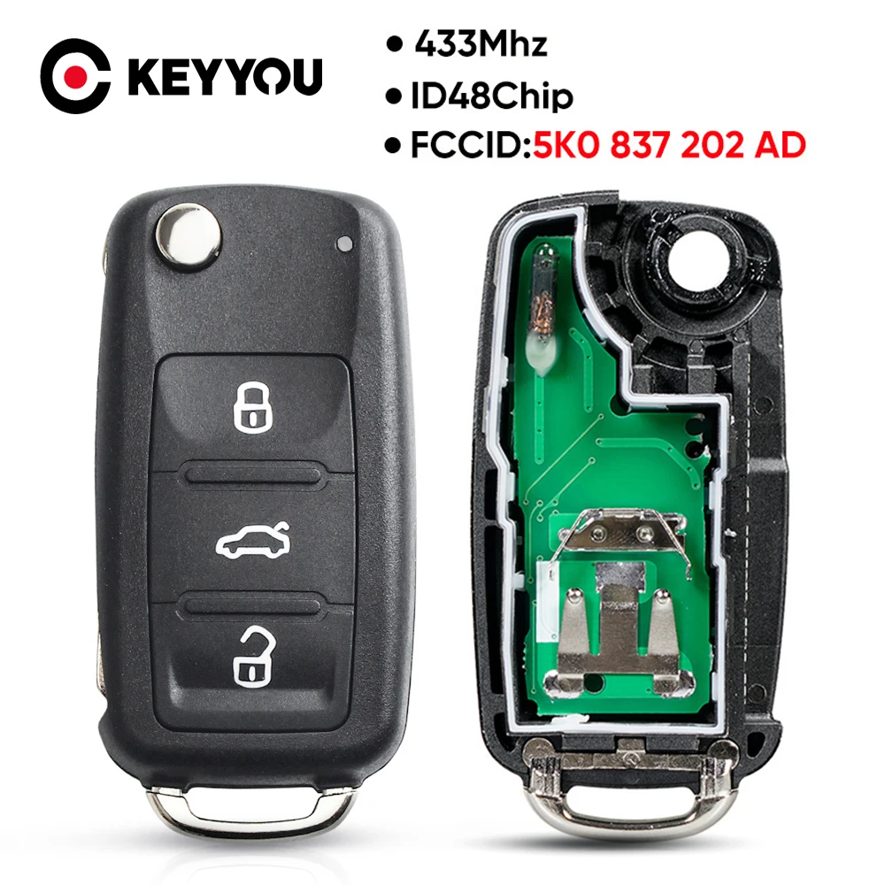 KEYYOU 3 Buttons 5K0837202AD Flip Remote Key 434MHz ID48 Chip For VW Volkswagen Golf PASSAT Tiguan Polo Jetta Beetle Car Keyless