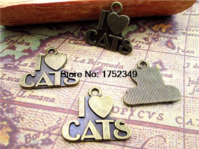

50pcs/lot Antique Tibetan Bronze I Love Cats Charms Pendants 23x21mm