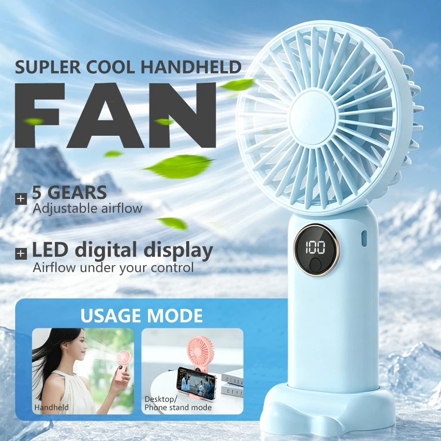 5-Gang-Handventilator, LED-Bildschirm, Telefonständer, 2-in-1 Tisch-/Handventilator, leiser, leistungsstarker USB-Ventilator, tragbar für Zuhause, Büro, Reisen