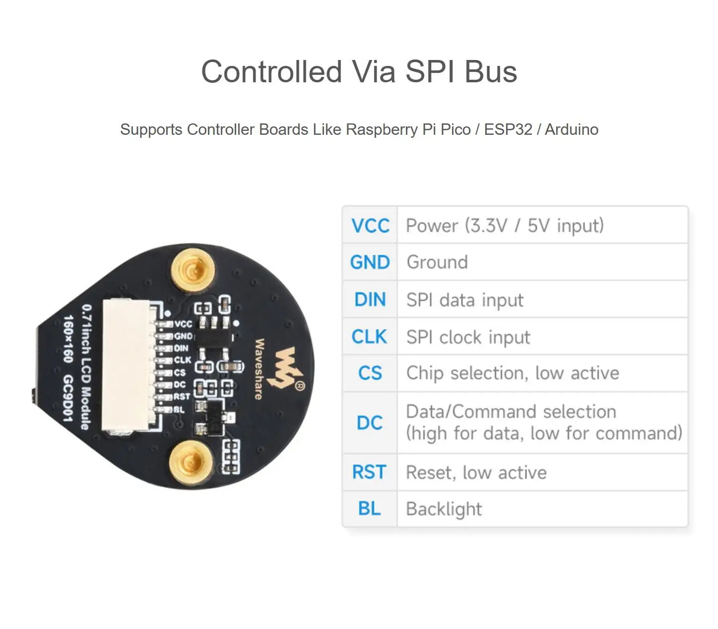 Módulo de exibição LCD de 0,71 polegadas para Raspberry Pi Pico / ESP32, resolução 160 × 160, interface SPI, 65K cores
