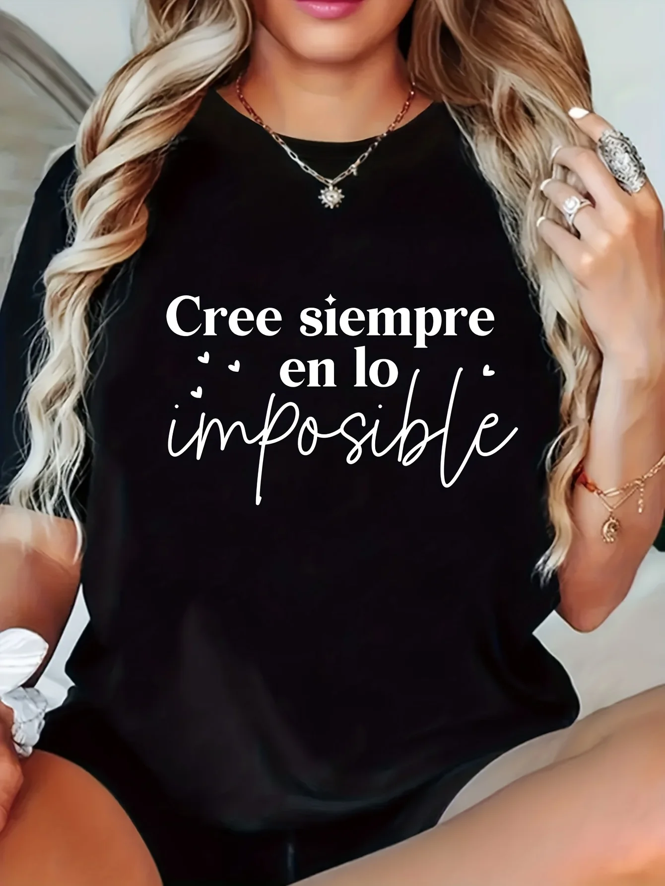 

Alphabet print t-shirt short-sleeved crew neck casual top summer and spring women's wear