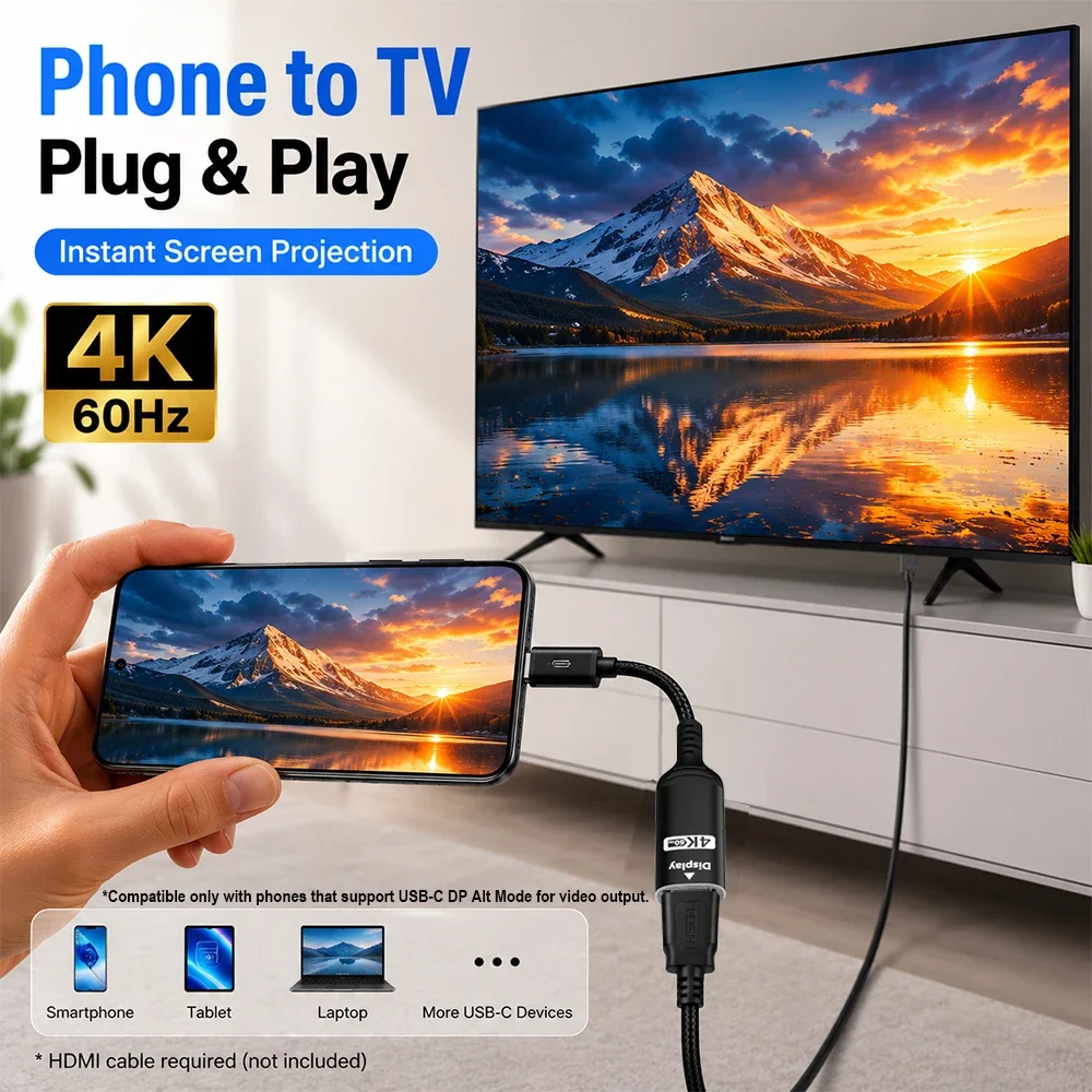 USB C to HDMI Adapter 4K@60Hz Plug and Play, Type C to HDTV Cable Converter for Laptop, Tablet, Phone view 3