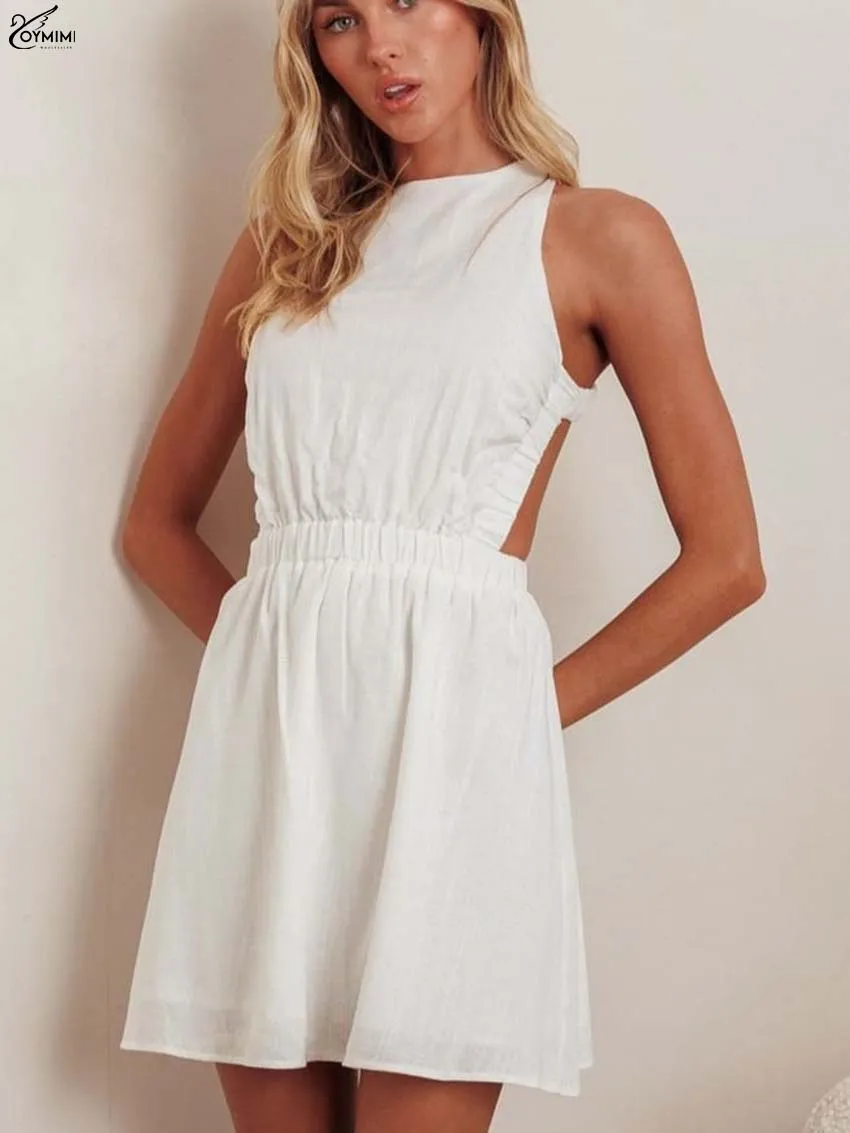 

Oymimi Fashion White Cotton Dresses 2025 Woman Elegant O-Neck Open Back Sleeveless Dresses Casual High Waist Pleated Mini Dress