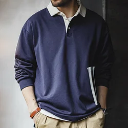 Maden New American Retro Knitted Contrast Polo Shirt Sweatshirt College Style Loose Lapel Long-sleeved T-shirts Men's Spring Top
