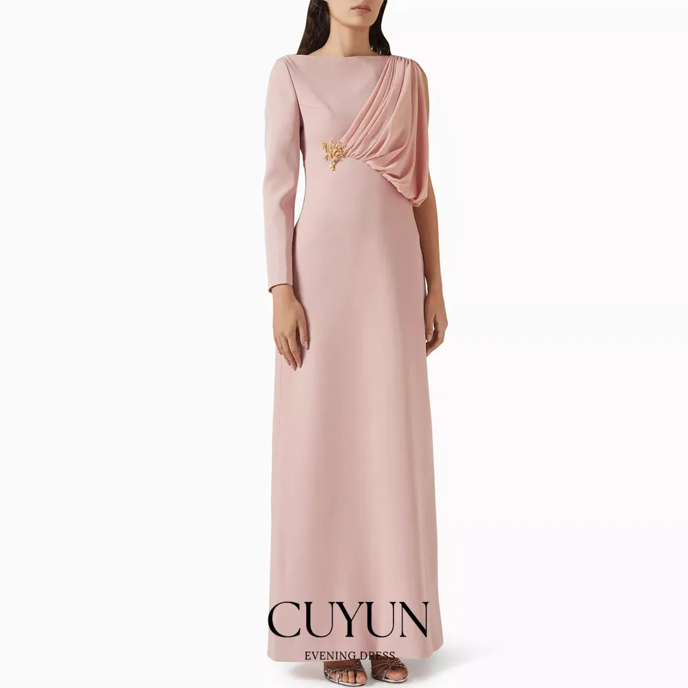

CUYUN Розовое женское вечернее платье по индивидуальному заказу, плиссированное платье длиной до пола, платье для выпускного вечера с круглым вырезом, вечернее платье с длинными рукавами, трапециевидной формы в Саудовской Аравии