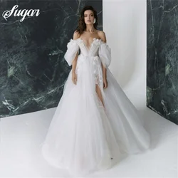 Princess Wedding Dress Off Shoulder 3D Flowers Puffy Sleeves Boho Wedding Gown Side Split White Ivory Bride Dress vestido novia