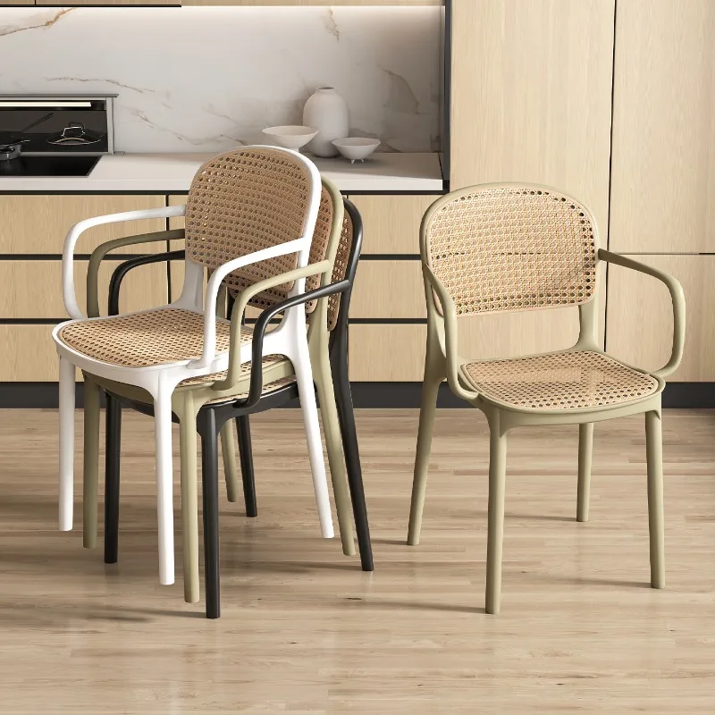 

Plastic rattan armrest chair backrest thickened household stackable dining chair Nordic outdoor restaurant stool
