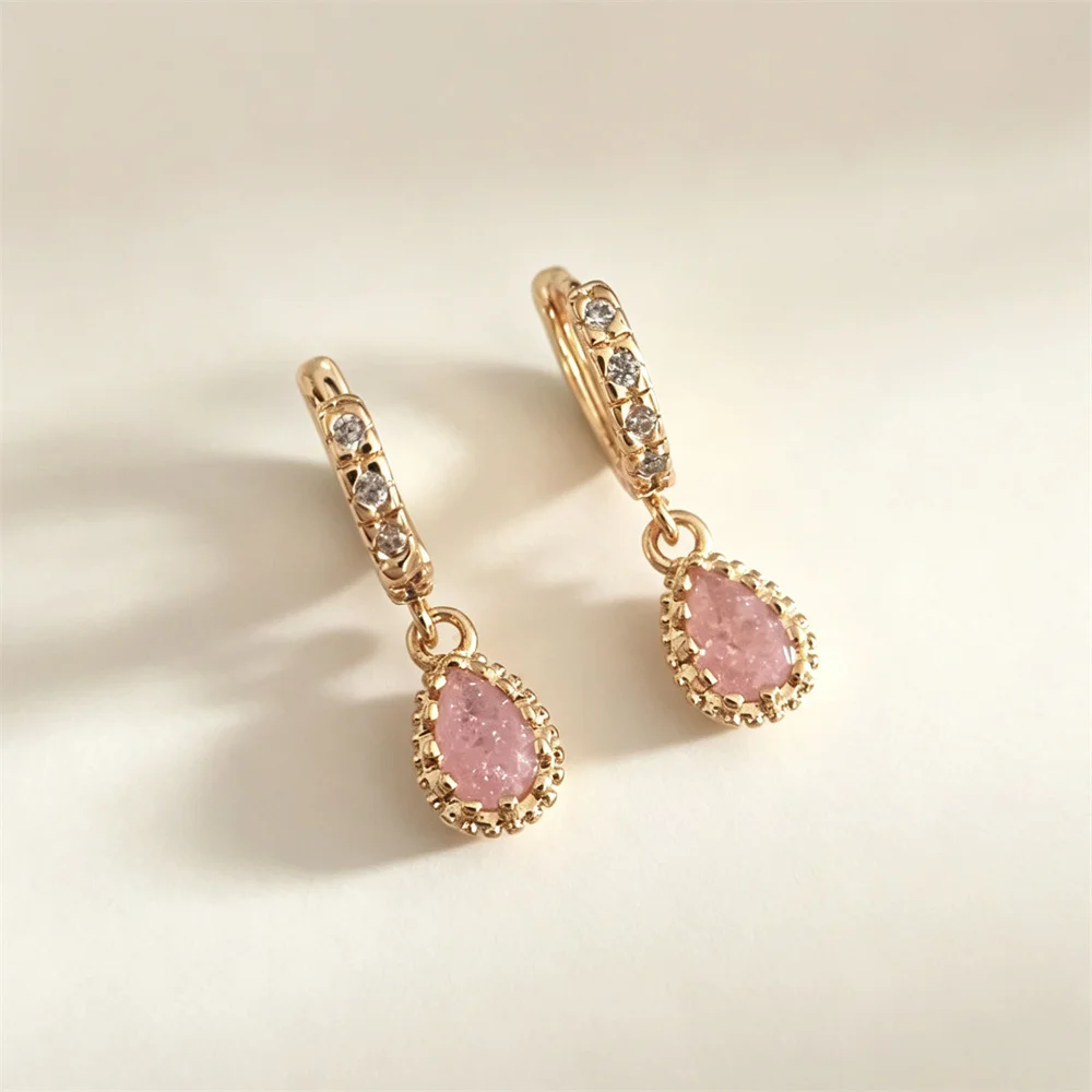 Gold Tone Pink Teardrop Zircon Paving Pendant Earrings with Clear Zircon Around Hoops Jewelry For Girl Cadmium Lead Nickel Free