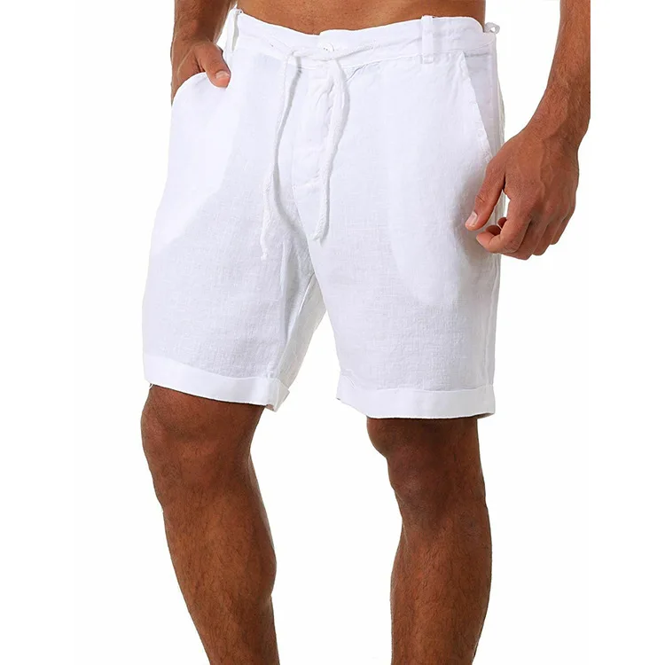 Men's Cotton Linen Belted Sport Pants Summer Casual Straight Leg mid Waist Zipper Fly Classic British Style Pure Color Shorts