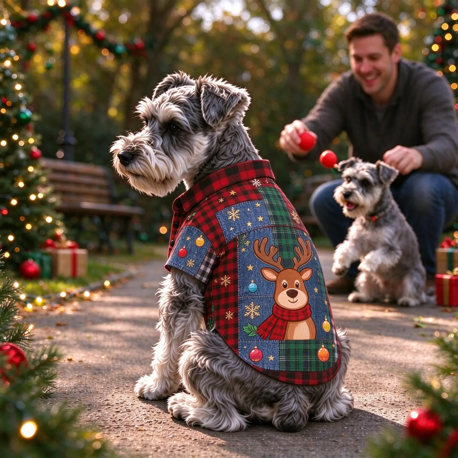 Christmas Pet Open Front Button Shirt, Plaid Patchwork Reindeer Print Festive Holiday Clothes for Cats and Dogs