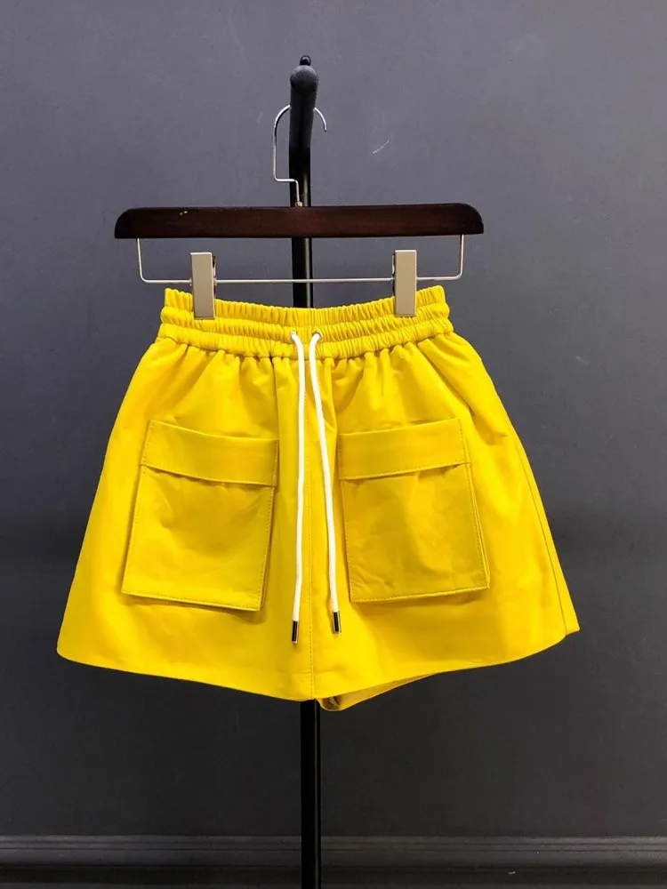 Novo outono natural pele de carneiro cintura elástica shorts saias a linha bolso perna larga casual acima do joelho mini saia de couro genuíno 4xl
