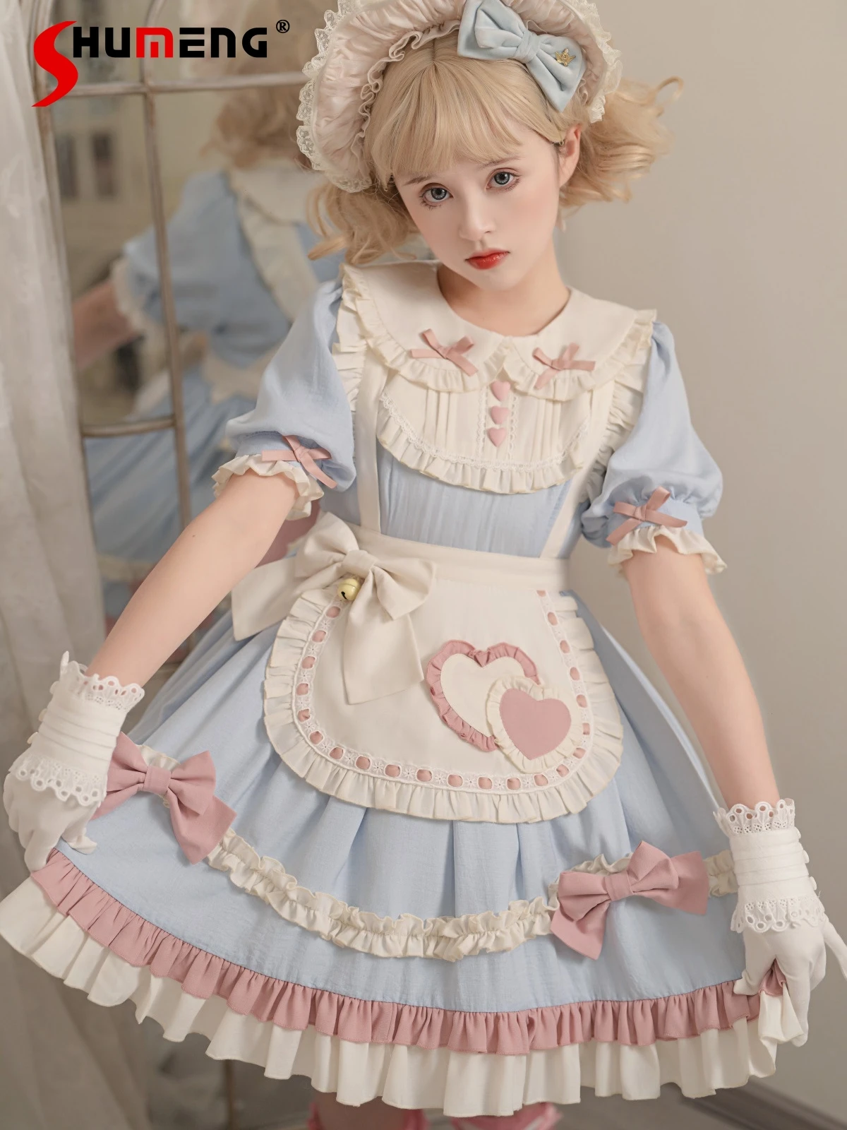 

Japanese Cute Girl Daily Maid Apron Ruffles Doll Collar Short Sleeve Back Big Bow High Waist Sweet Lolita Op Short Dress Women