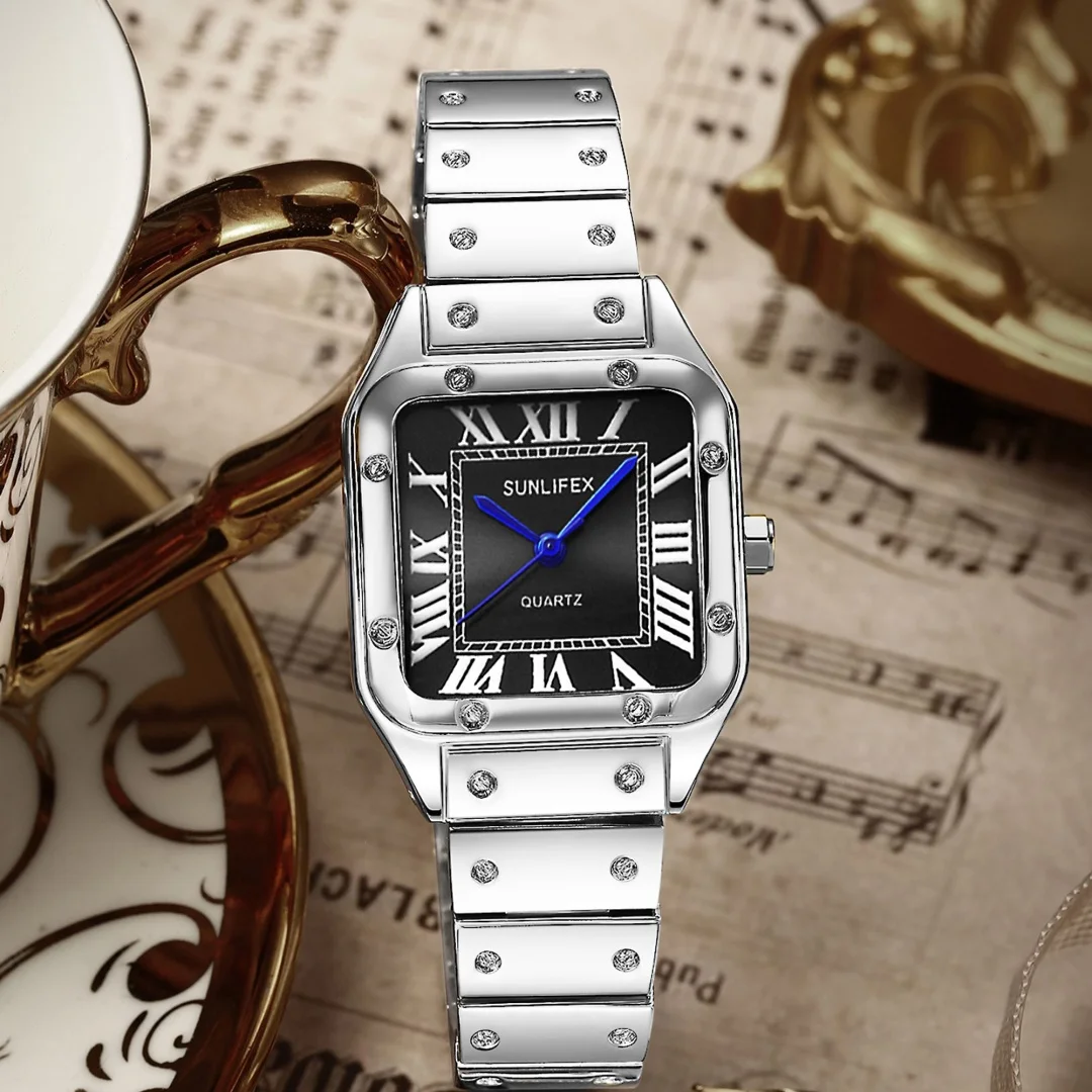 Relojes de marca para mujer, números romanos cuadrados simples, reloj de cuarzo para mujer, correa de acero inoxidable, reloj de pulsera para mujer