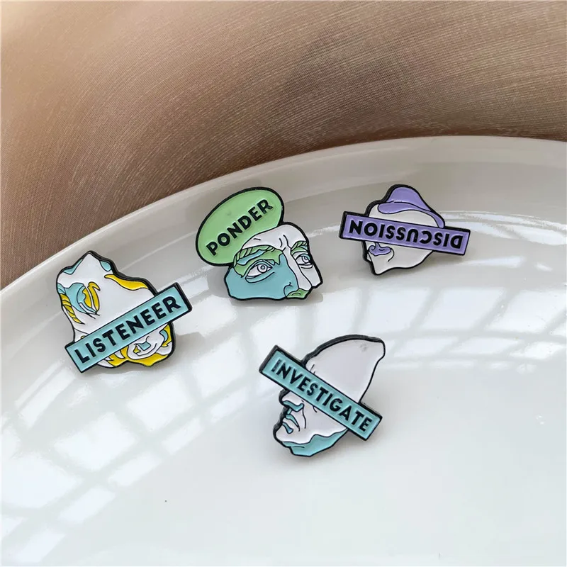 Art Plaster Statue Enamel Pins Vintage Listeneer Discussion Ponder Investigate Metal Brooch Bag Lapel Badge Women Jewelry