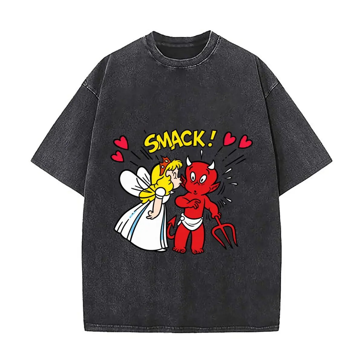 Snack Fairy Kissing Red Devil Hearts Cartoon Washed Vintage Short Sleeve Loose Streetwear Tee