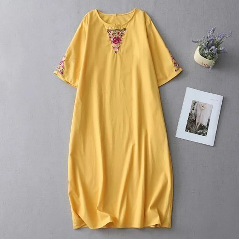 

Модное винтажное платье с круглым вырезом и вышивкой, женская одежда, новинка лета 2025, свободное однотонное платье миди для поездок на работу