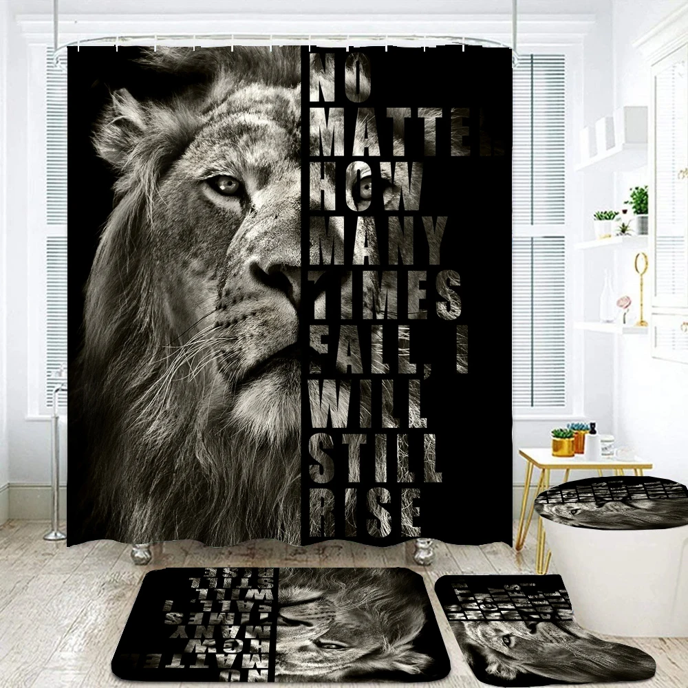 

Famous Saying Black Lion Animals Printed Shower Curtain Set Bathroom Bathing Screen Anti-slip Toilet Lid Cover Carpet Rugs Decor