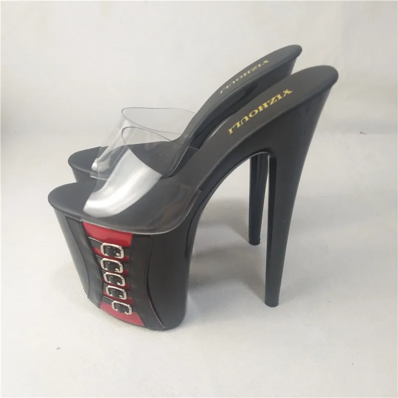 8 inch pole dancing shoes, 20 cm high heel buckle decoration, model stage transparent vamp summer dance shoes