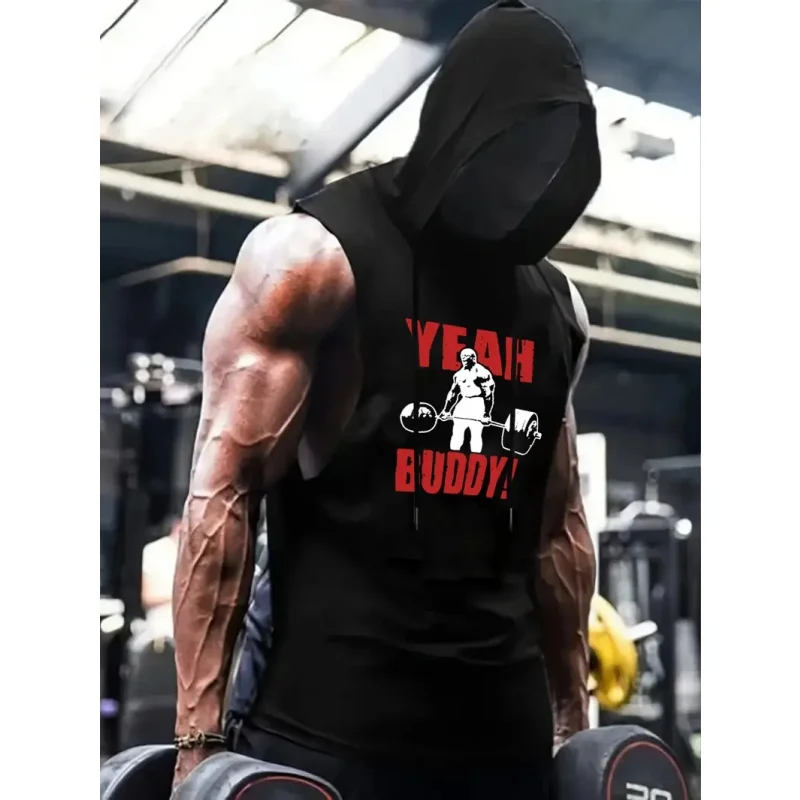 

2025 Мужской повседневный жилет с капюшоном и 3D-принтом для фитнеса и тренировок в черно-белом цвете, повседневный летний топ свободного покроя