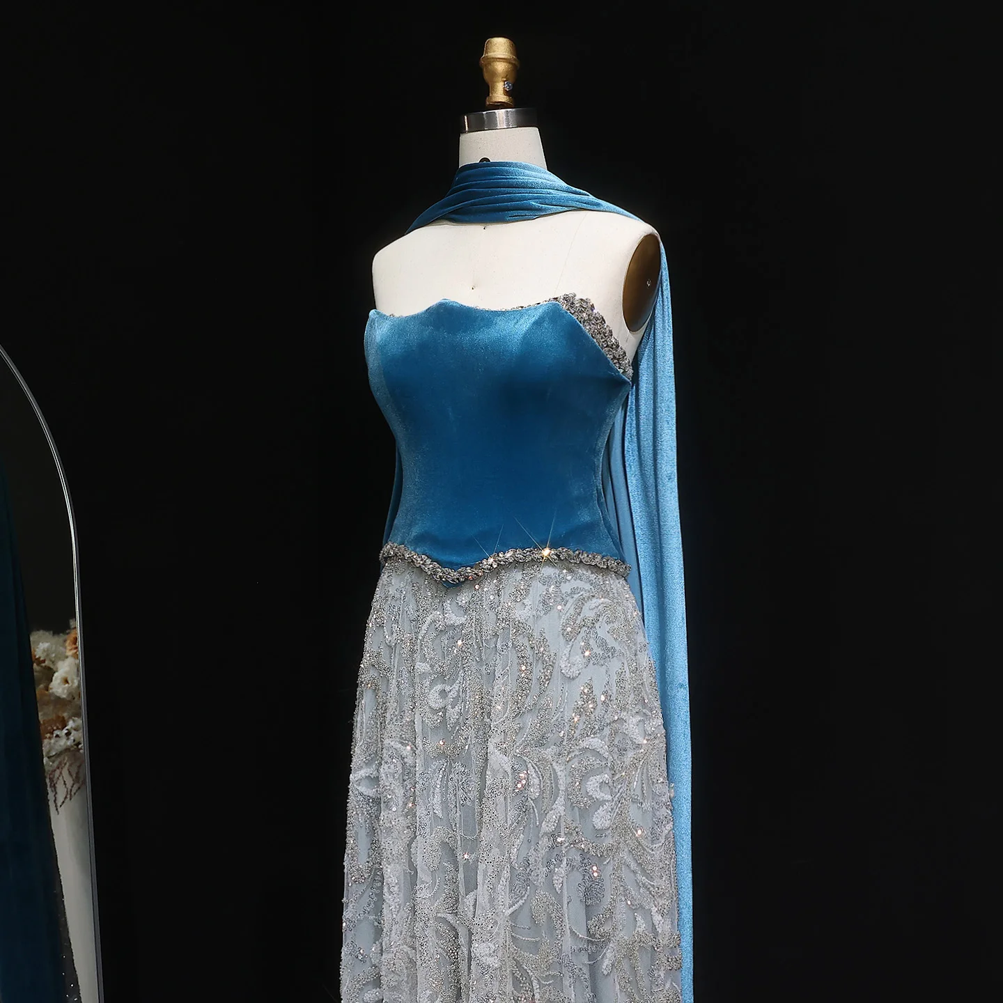 Sharon Said Luxury Beaded Blue Velvet Two Pieces Evening Dress with Scarf Arabic Women Wedding Guest Party Gown SS793 Customized image 6
