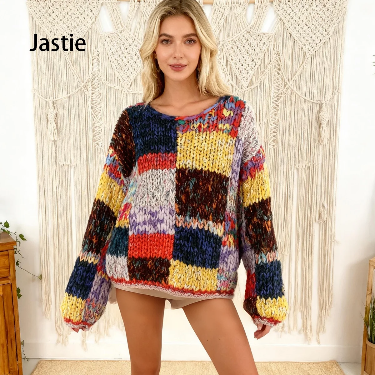 

2025 Holiday Bohemian Colorblock Long Sleeve Sweater Tops Autumn And Winter New Loose Casual Round Neck Pullover Knitted Sweater