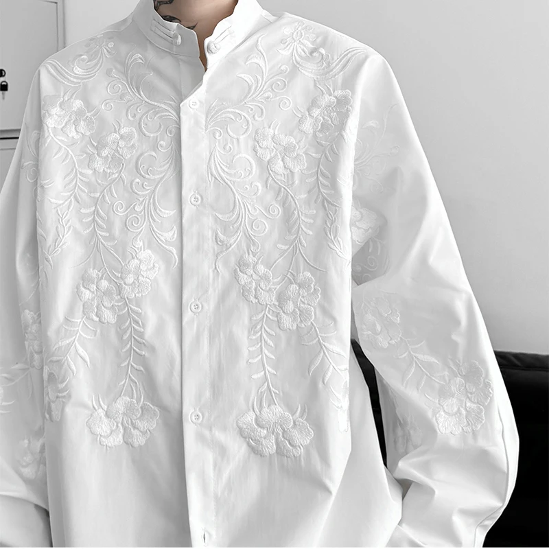 Men and Women Chinese Stand Collar Embroidery Vintage Fashion Loose Casual Long Sleeve Shirt Unisex Black White Shirts Blouses