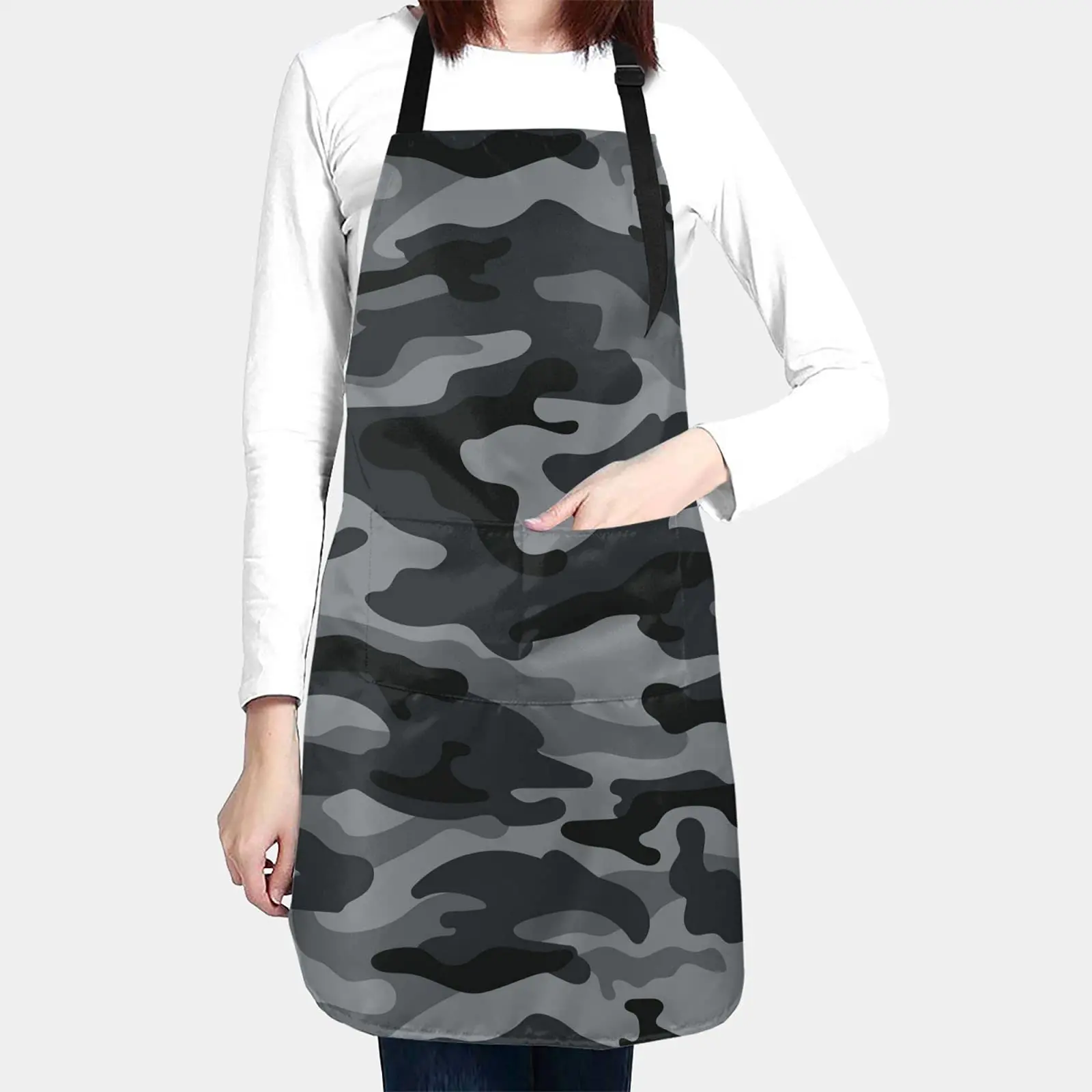 Grey Military Camouflage Waterproof Apron With 2 Pockets Camo Kitchen Chef Aprons Bibs For Grooming Cooking Baking Painting