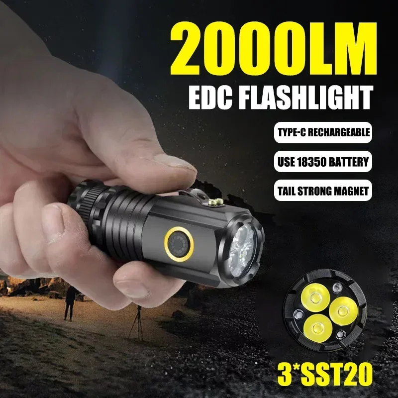 MIni Powerful LED Flashlight 2000LM 3LED Ultra Strong Light 18350 Built-in Battery USB Rechargeable With Magnet Portable Torch