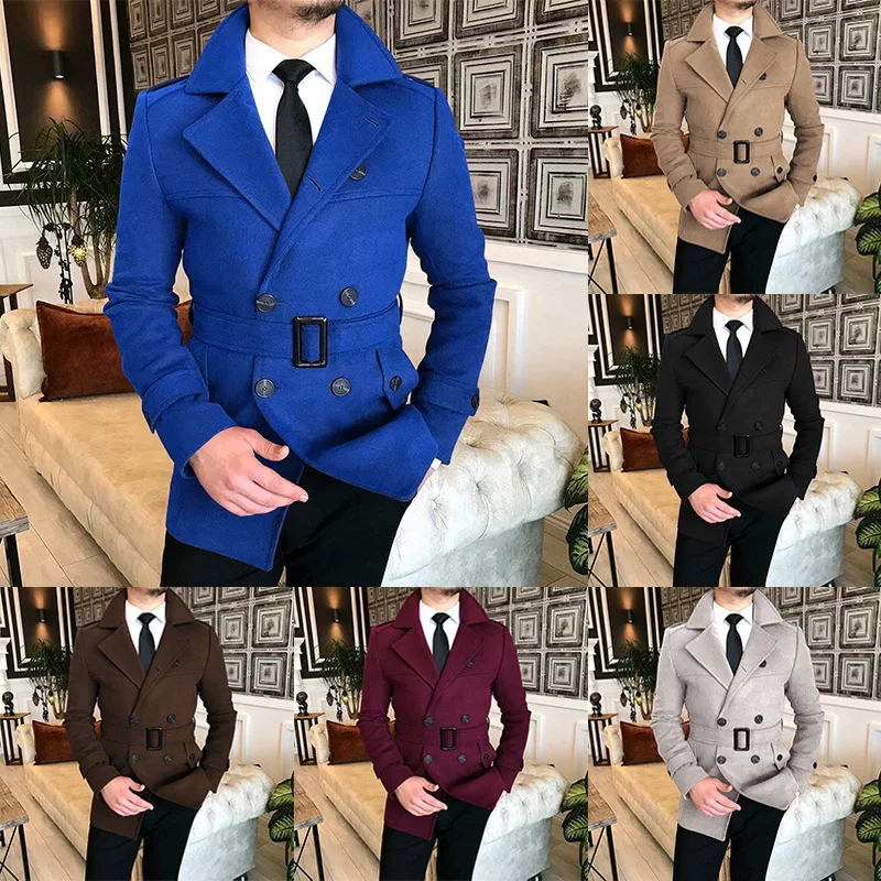 

Autumn Winter Men's Double Breasted Woolen Overcoat High Quality Male Laple Belt Solid Thick Trench Coat Trend Causal Outerwear