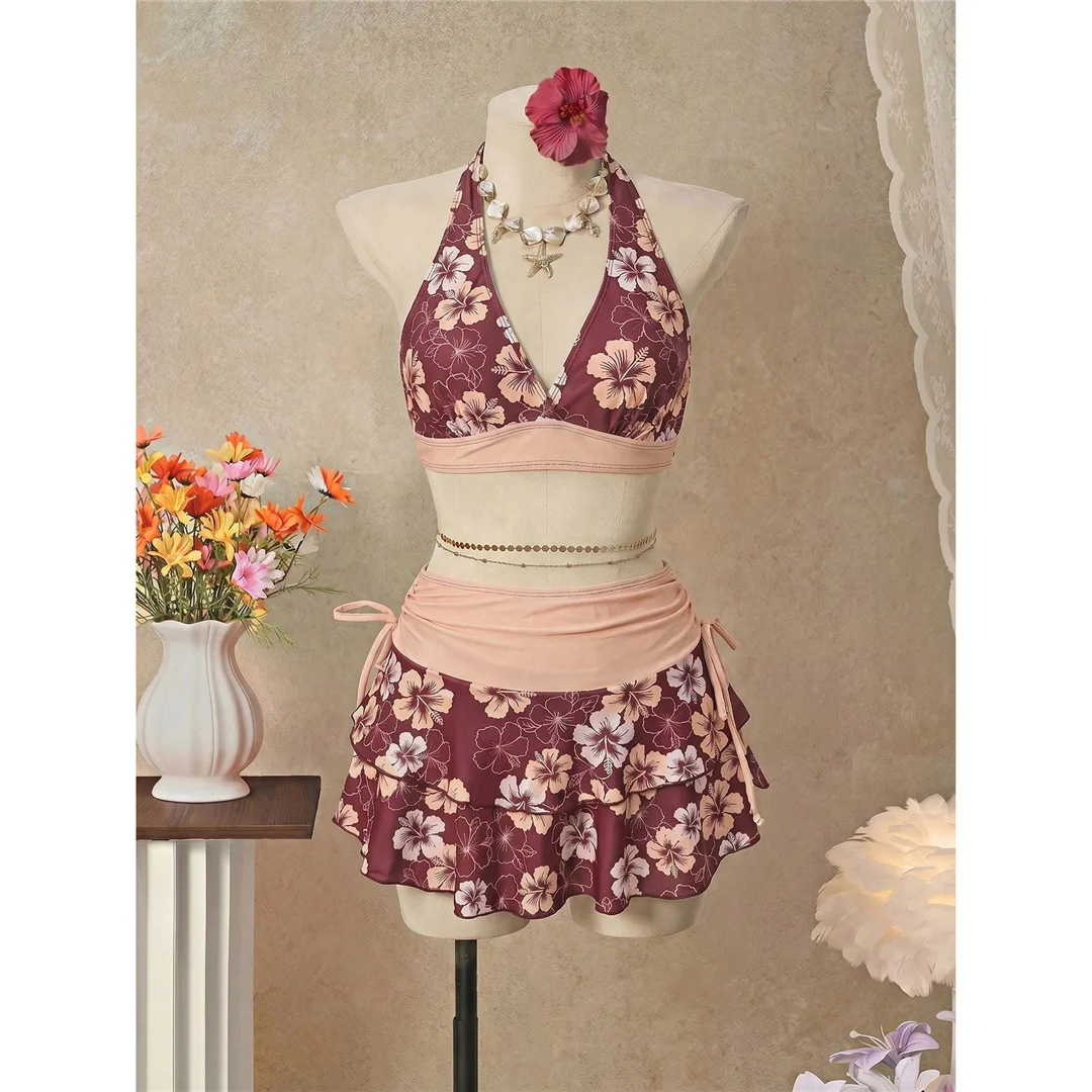 S - XL Mit Rock, Polka-Dot-Blumen-Bikini, Damen-Badebekleidung, dreiteiliges Bikini-Set, Badeanzug, Badebekleidung, Schwimmbekleidung V8518 – Detail 2