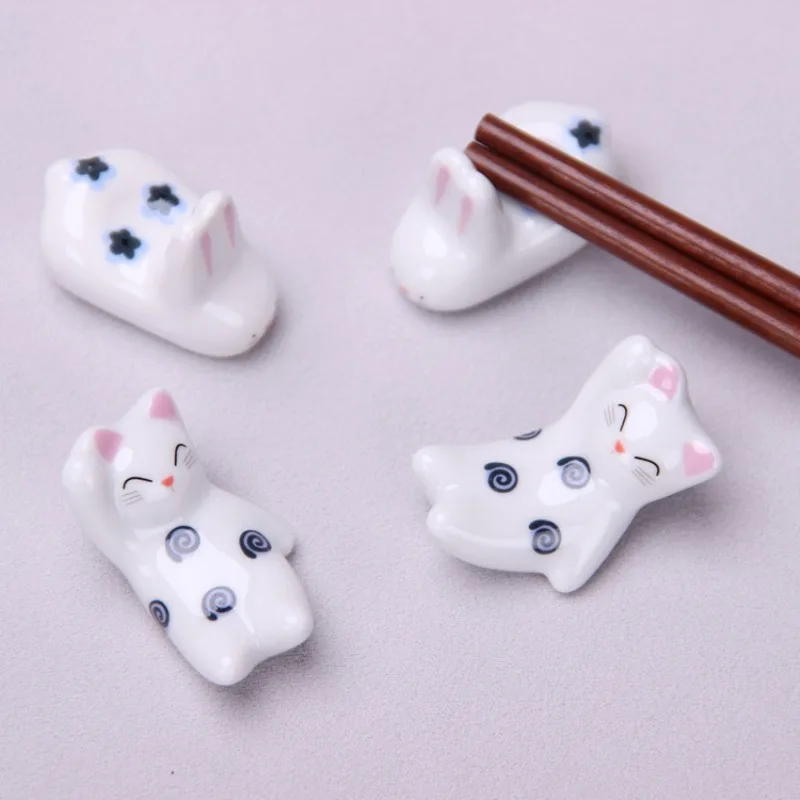 2 Piezas de Adorables Porta Palillos de Cerámica con Forma de Conejo y Gato, Decoración Creativa para Mesa de Comedor, Figuras de Animales de Dibujos Animados