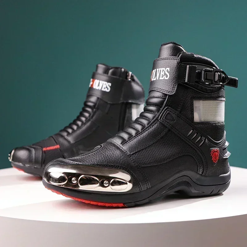 Women Men Motorcycle Boots Motocross Boots Protective Gear Shift Black Leather Biker Shoes Rubber Sole Retro Motorbike Shoes