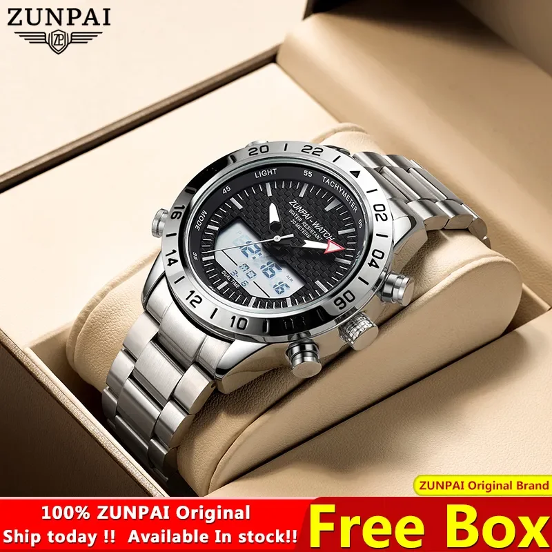 ZUNPAI Original Men\'s Watch Waterproof Stainless Steel Sports Watch Quartz Analog LED Digital Clock Military Top Brand Luxury