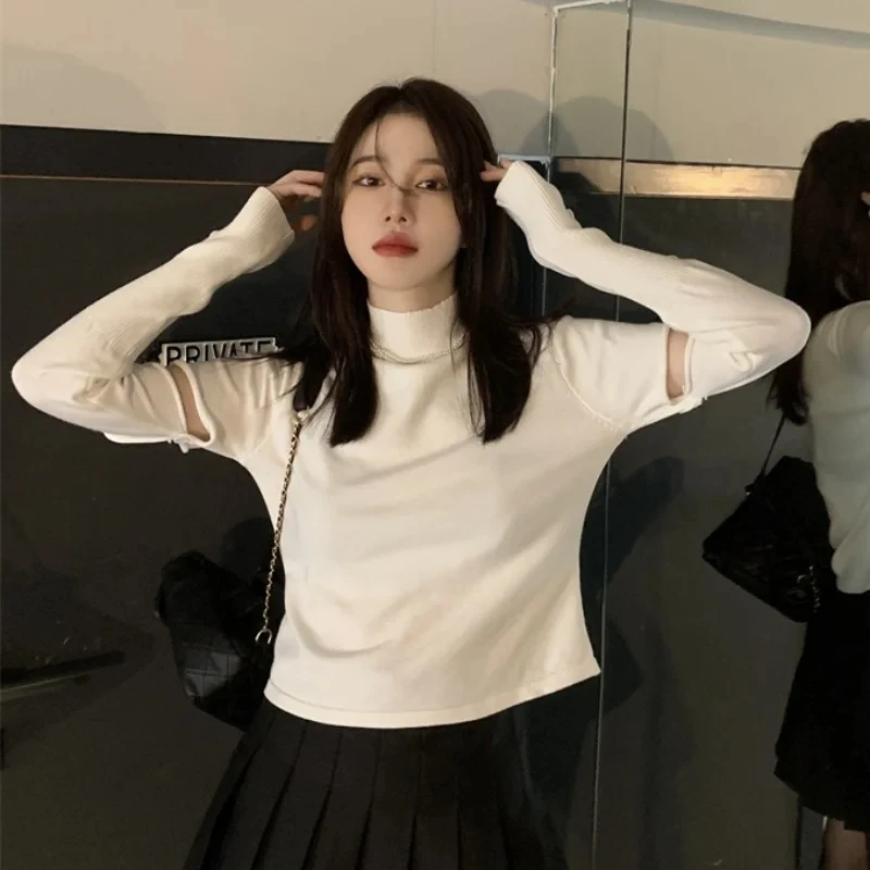 New Korean Style Knitted Sweater with Detachable Sleeves Women Casual Crop Tops Puff Sleeve Pullovers Office Lady Jerseys