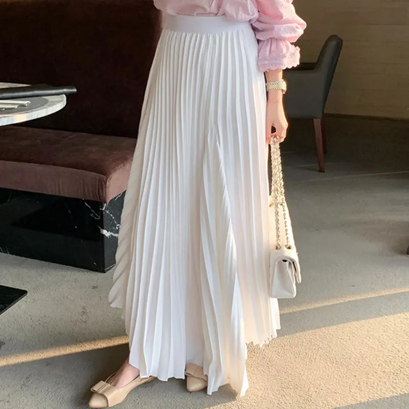 

Женская длинная плиссированная юбка с высокой талией, макси-юбка А-силуэта с асимметричным дизайном, осенняя, стройнящая, с эффектом похудения