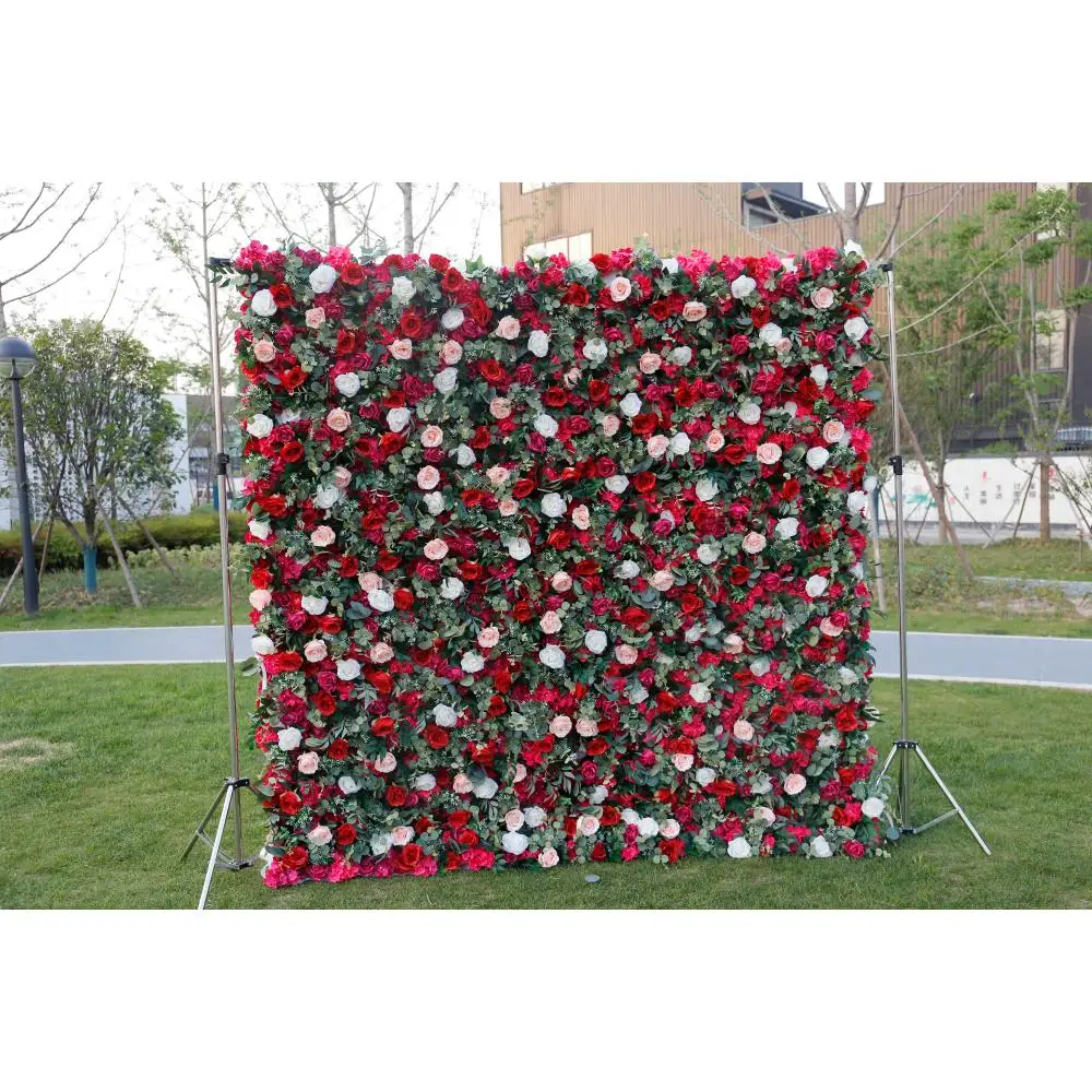 

FSDKX Customized wedding decoration roll up 3d 5d fabric flower wall backdrop artificial silk red rose flower wall