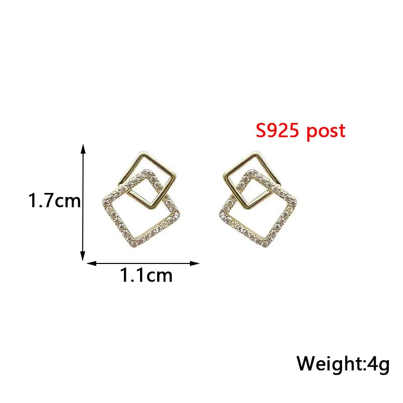 Double-layers Square Stud Earrings for Women Crystal Gold Color Metal Geometric Hollow Rhombus Small Unusual Earrings brincos