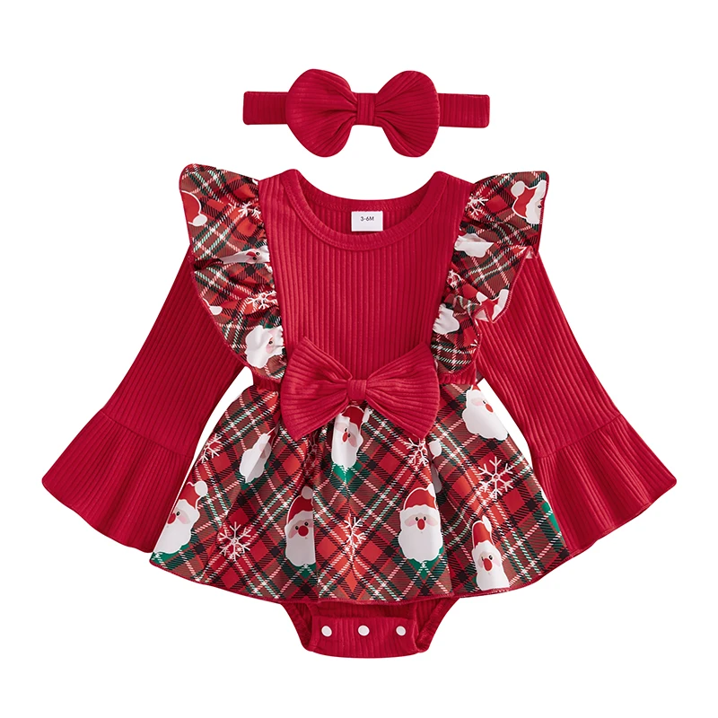 Newborn Baby Girl Christmas Outfit Fall Cute Santa Claus Print Plaid Ruffle Long Sleeve Romper Dress Bow Headband 2 Piece Set