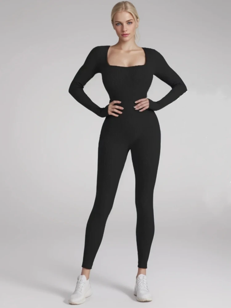 New Threaded Fabric High Quality Women Jumpsuits Long Sleeve Shapewear Hip Lift Yoga Exercise One Piece Jumpsuit With Long Pants