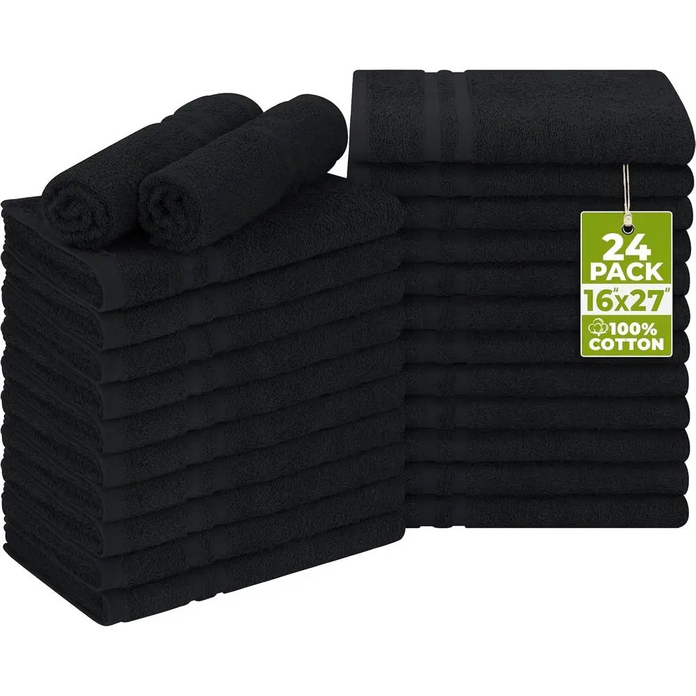 

100% Cotton Bleach-Safe Hand Towels, 16x27 Inches, 24-Pack, Black for Gym Use
