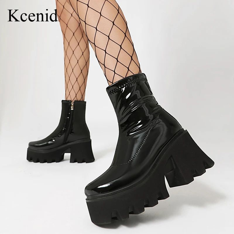 

Kcenid Thick Sole Women Ankle Boots Black Thigh High Boots Winter New Female Elastic Boots Platform Chunky Heels Ladies Shoes