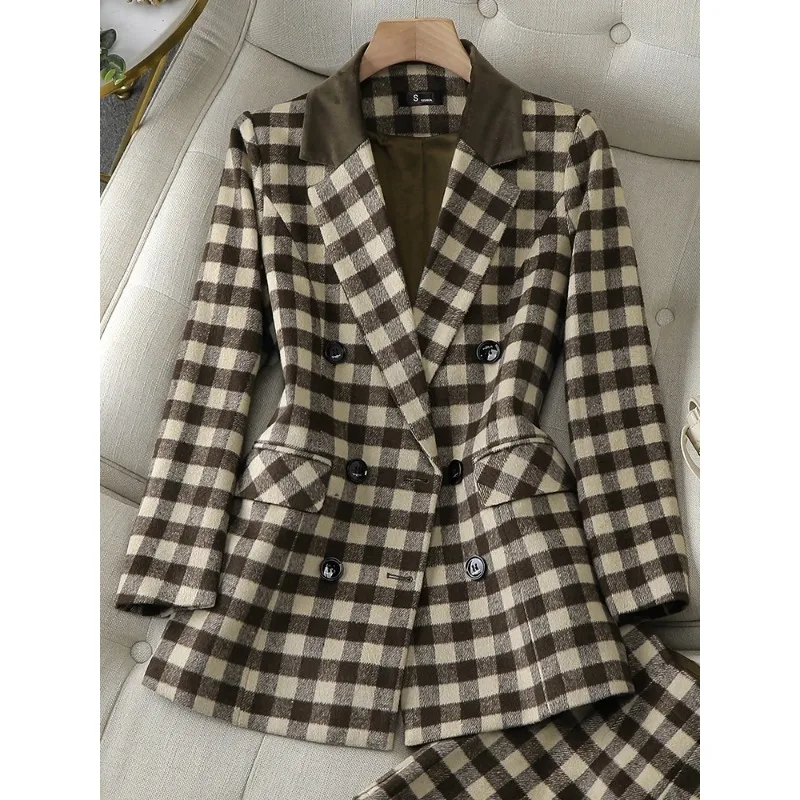 Plaid dicke Frauen Anzug Blazer Herbst Frühling grün Aprikose weiblichen Mantel Büro Damen Langarm dreireihige gerade Jacke