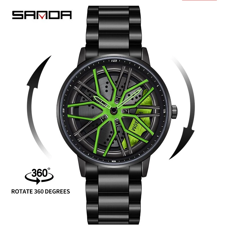 

SANDA P1107 New Casual Sport Quartz Watches For Men Hub Super Car Rim Wheel Watch Waterproof Male Wristwatches Relogio Masculino