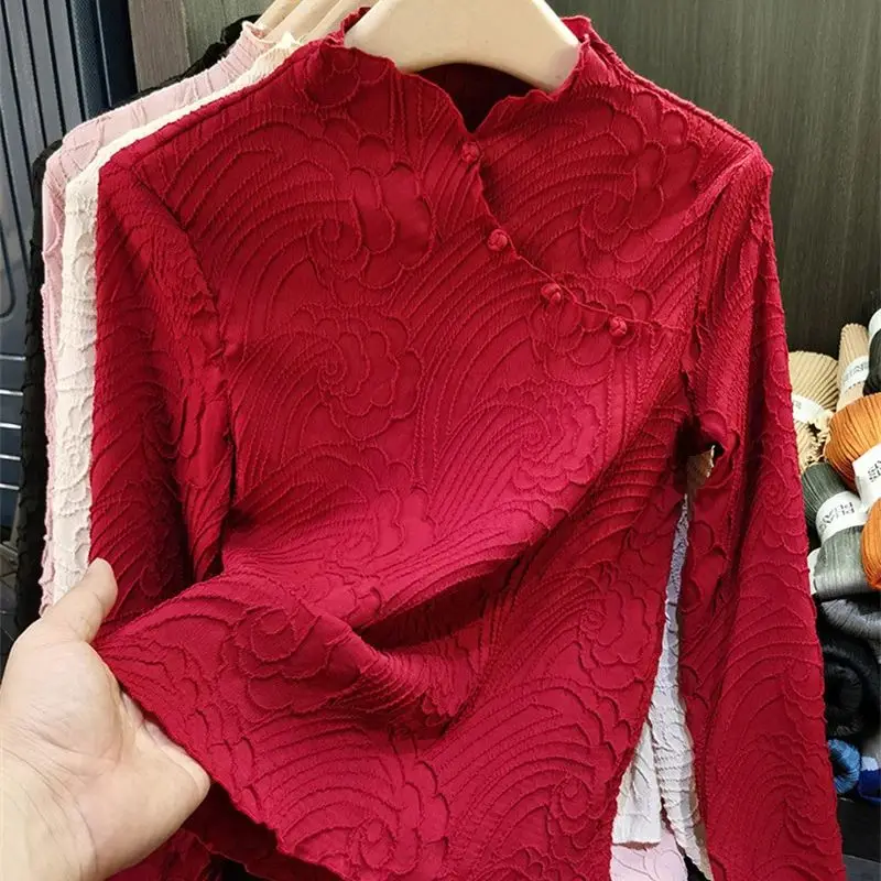 New Chinese Style Red Tops Blouses Fashion French Design Women Solid Bright Button Stand Collar Elegant Retro Vintage T-Shirts